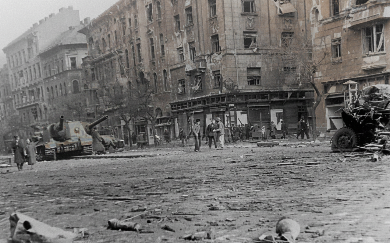 A Budapest street following the 1956 Hungarian Revolution